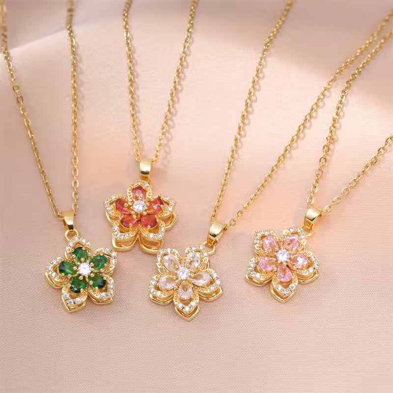 18K Gold Plated Green Flower Necklace