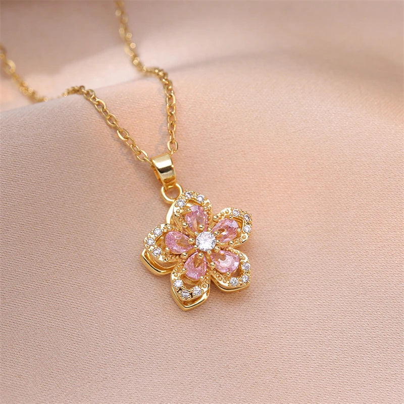 18K Gold Plated Pink Flower Necklace