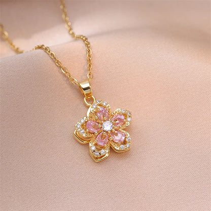 18K Gold Plated Pink Flower Necklace