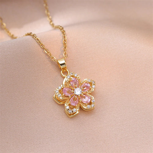 18K Gold Plated Pink Flower Necklace